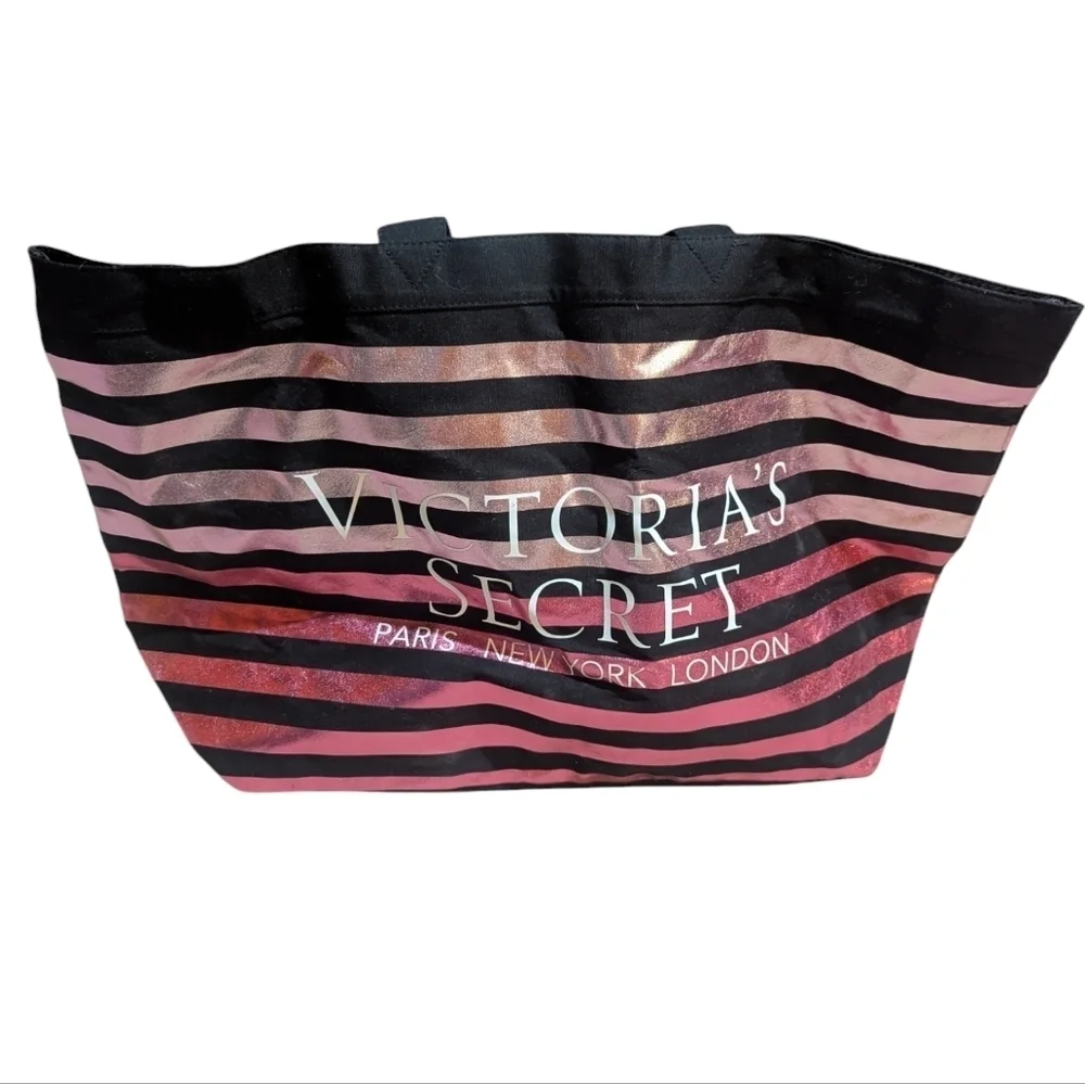 VS Large Canvas Striped Tote Bag Metallic Pink Ombre Beach Travel Weekender